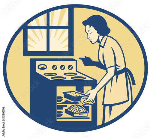 Housewife Baker Baking in Oven Stove Retro