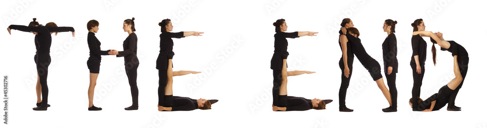 Black dressed people forming THE END word over white Black dressed people forming THE END word over white