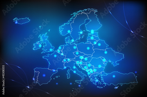 Landkarte von Europa mit leuchtenden Hauptst  dten