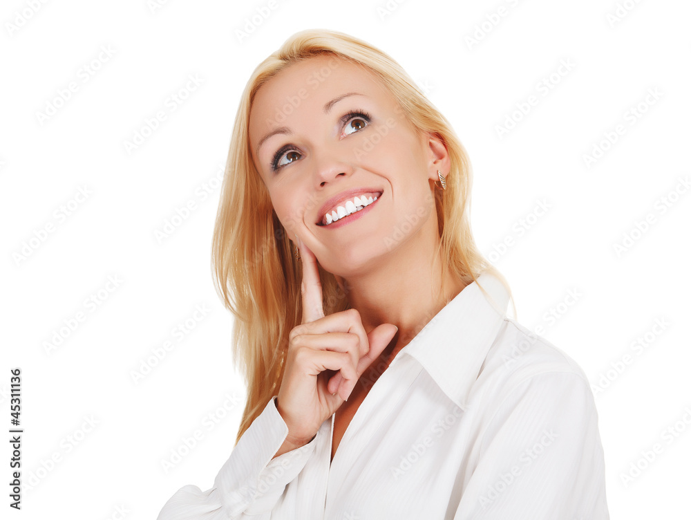 beautiful young woman looking upwards isolated on white