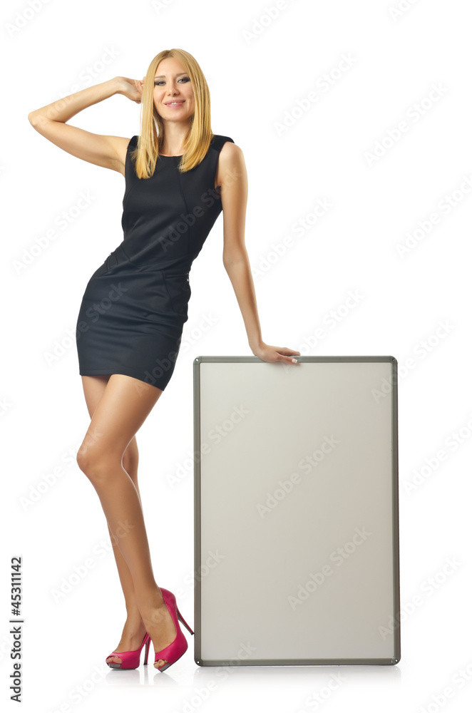 Blank board and attractive woman Blank board and attractive woman