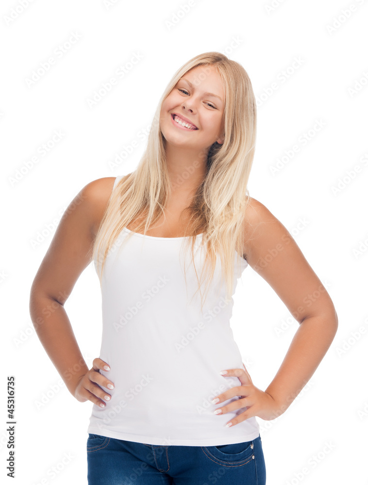 smiling teenage girl in blank white t-shirt smiling teenage girl in blank white t-shirt