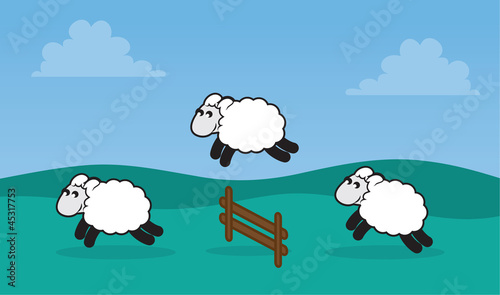 Sheep jumping over a fence in a grassy field