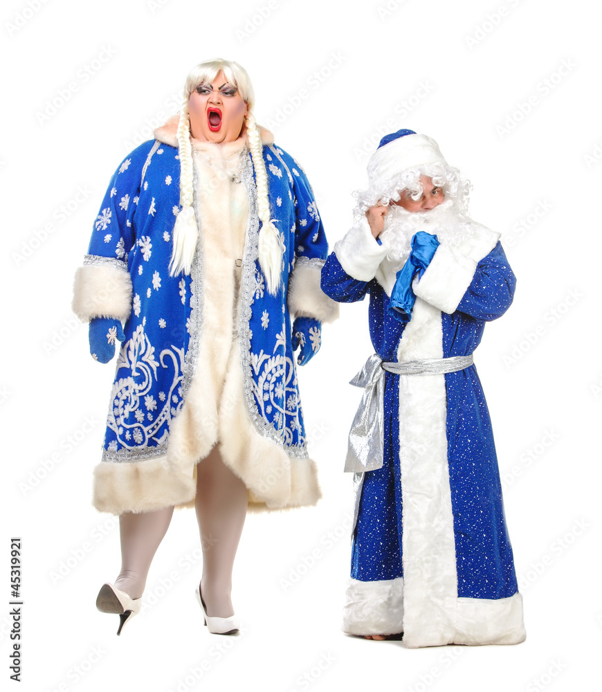 Travesty Actors Genre Depict Santa Claus and Snow Maiden Travesty Actors Genre Depict Santa Claus and Snow Maiden