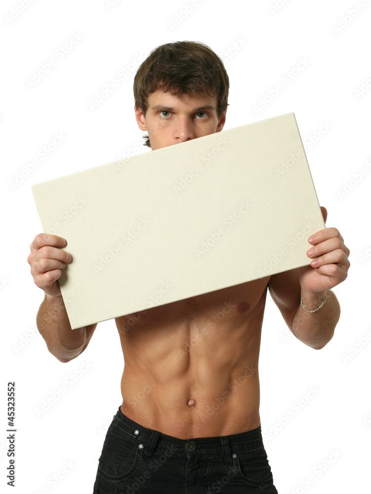 Young Sexy Man with Copy Space Blank Sign Young Sexy Man with Copy Space Blank Sign