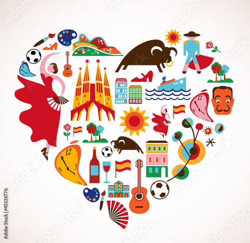 Spain Love - heart with set of vector icons photo