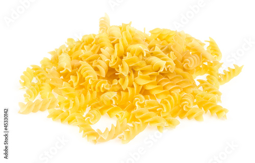 A portion of Rotini corkscrew pasta isolated on white.