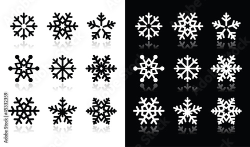 Snowflakes icons with shadow on black and white background