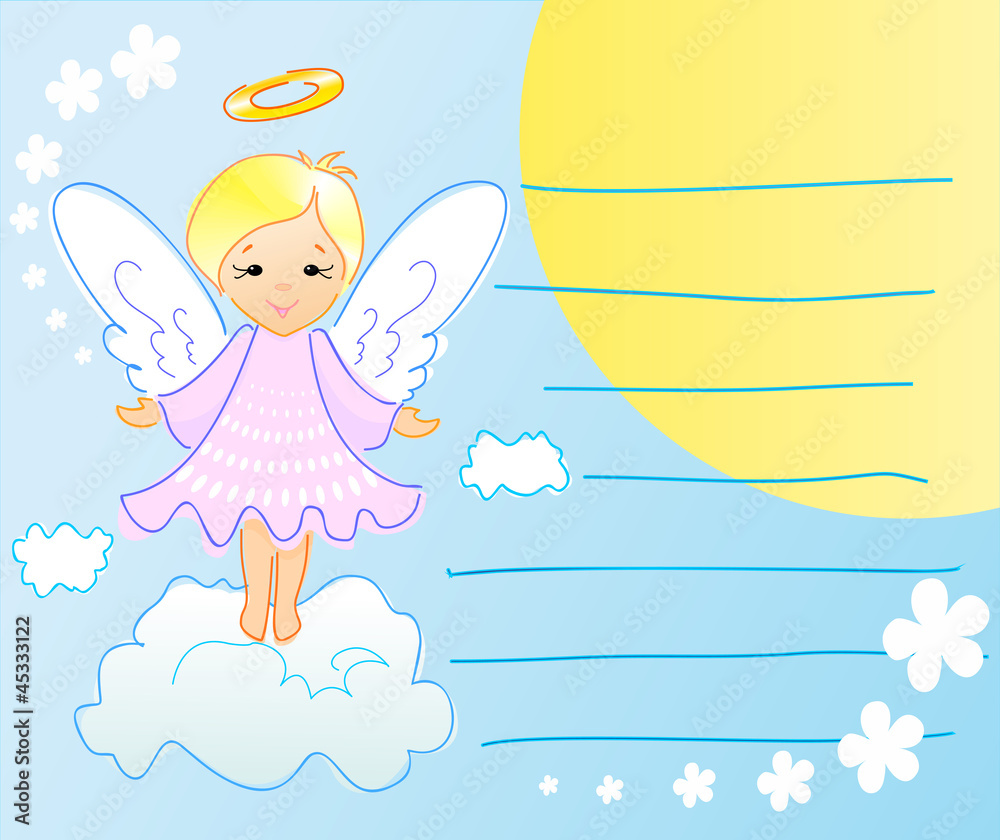 On this greeting card is: angel, sun, flowers and clouds On this greeting card is: angel, sun, flowers and clouds