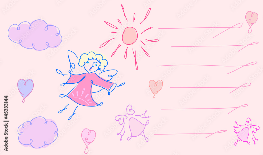 On this greeting card is: angel, sun, hearts and bell