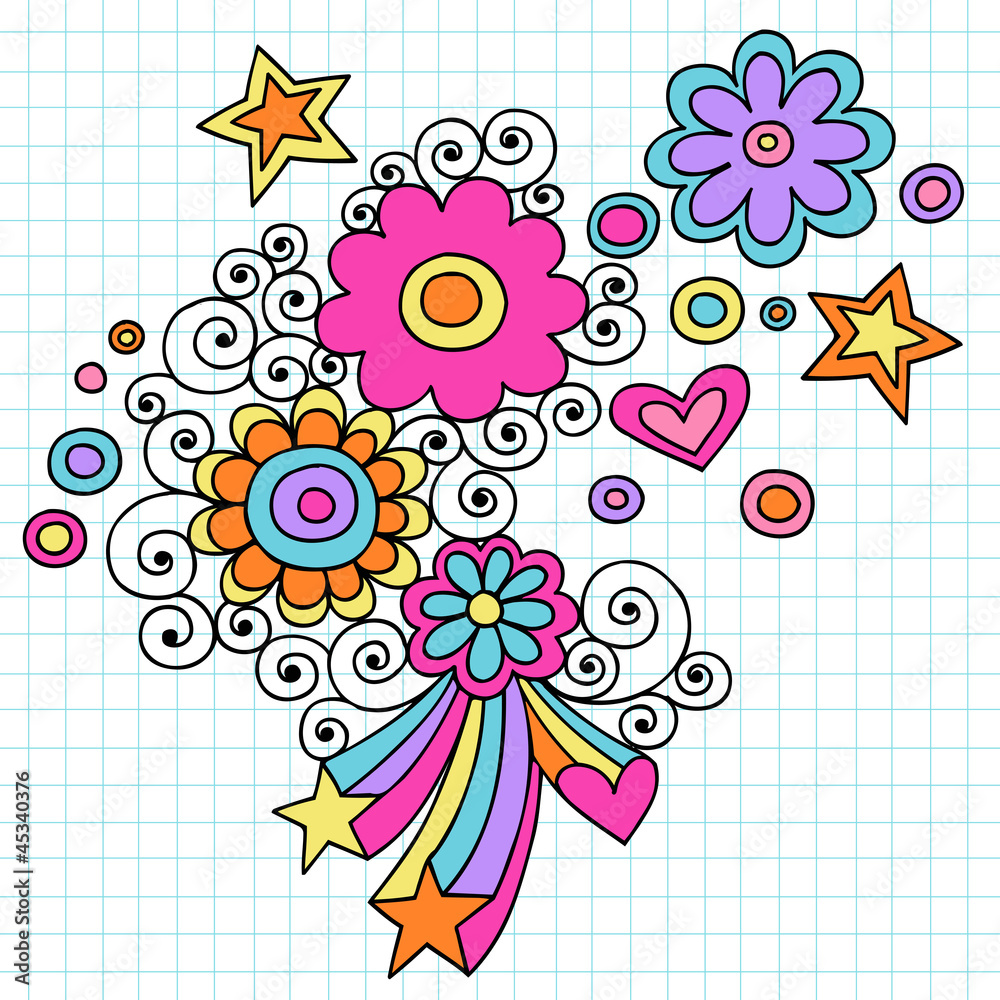 Fototapeta premium Psychedelic Flower Power Groovy Notebook Doodles Vector