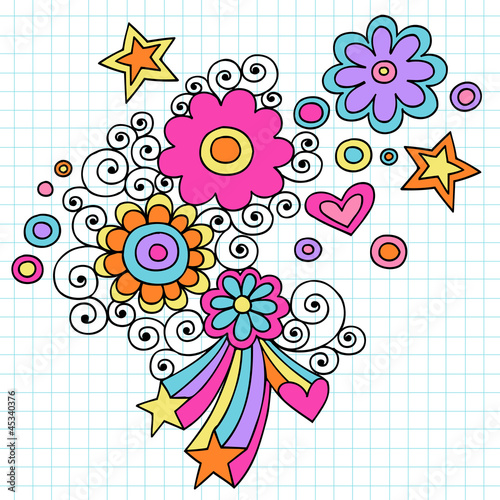 Fototapeta Naklejka Na Ścianę i Meble -  Psychedelic Flower Power Groovy Notebook Doodles Vector