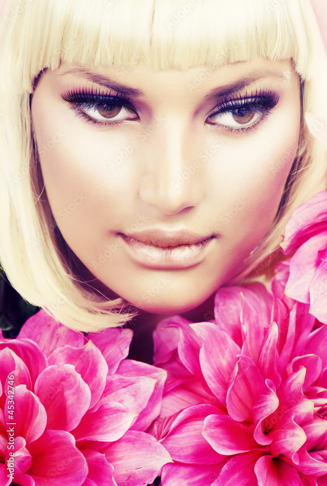 Fashion Blond Girl with Big Pink Flowers