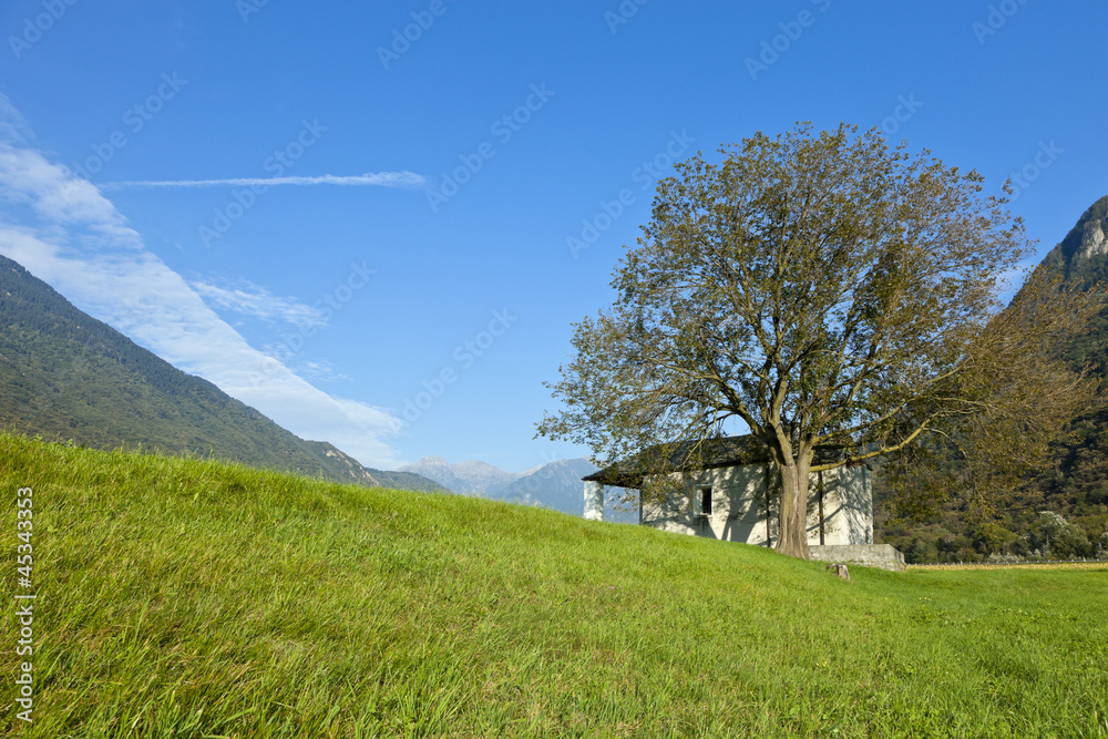 mountain landscape with tree and small church mountain landscape with tree and small church