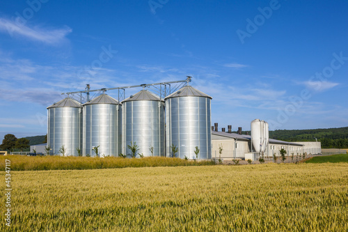 four silver silos in corn field © travelview