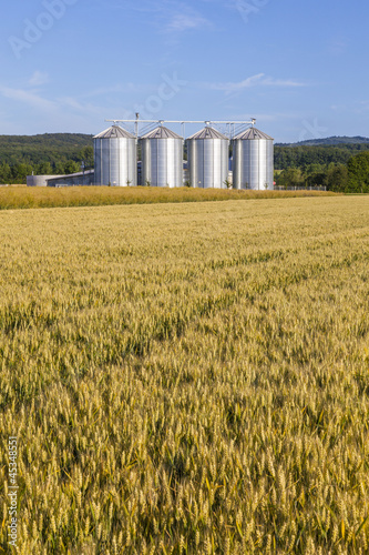 four silver silos in corn field © travelview