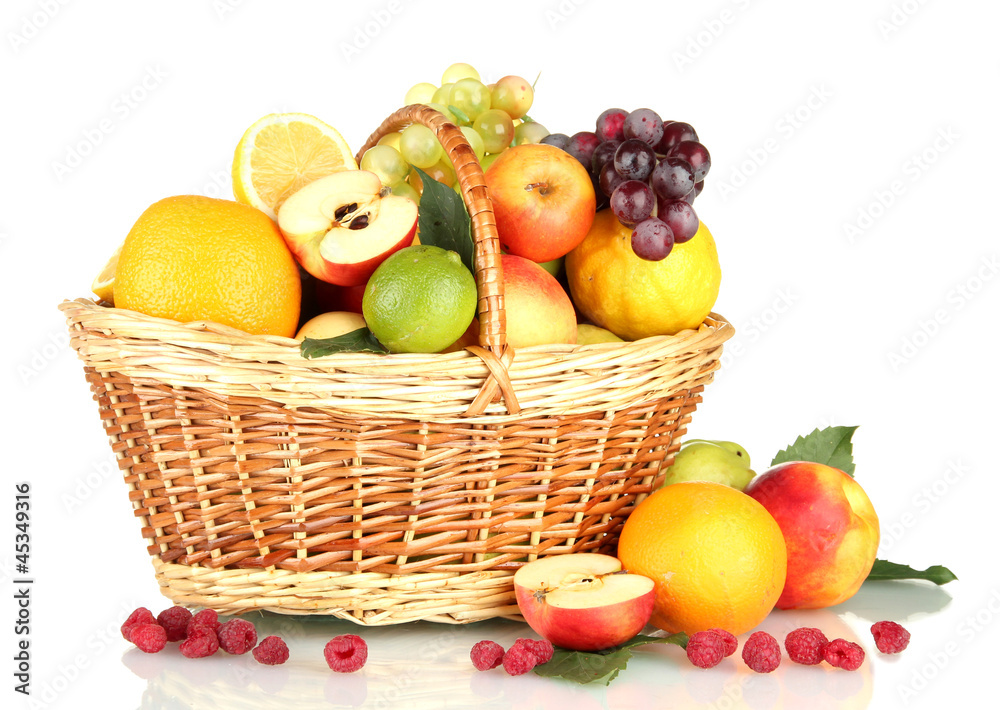 Assortment of exotic fruits in basket, isolated on white Assortment of exotic fruits in basket, isolated on white