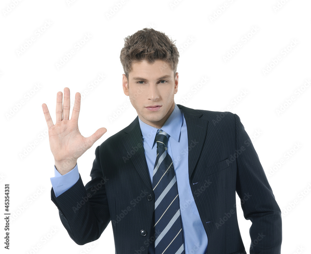 Handsome young business man showing stop gesture, Handsome young business man showing stop gesture,