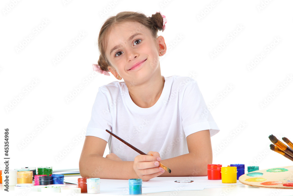 Cute little girl painting a picture, isolated on white Cute little girl painting a picture, isolated on white