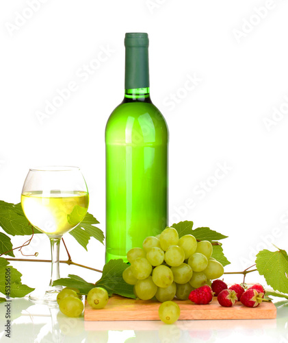 Bottle of great wine with wineglass and cheese isolated on