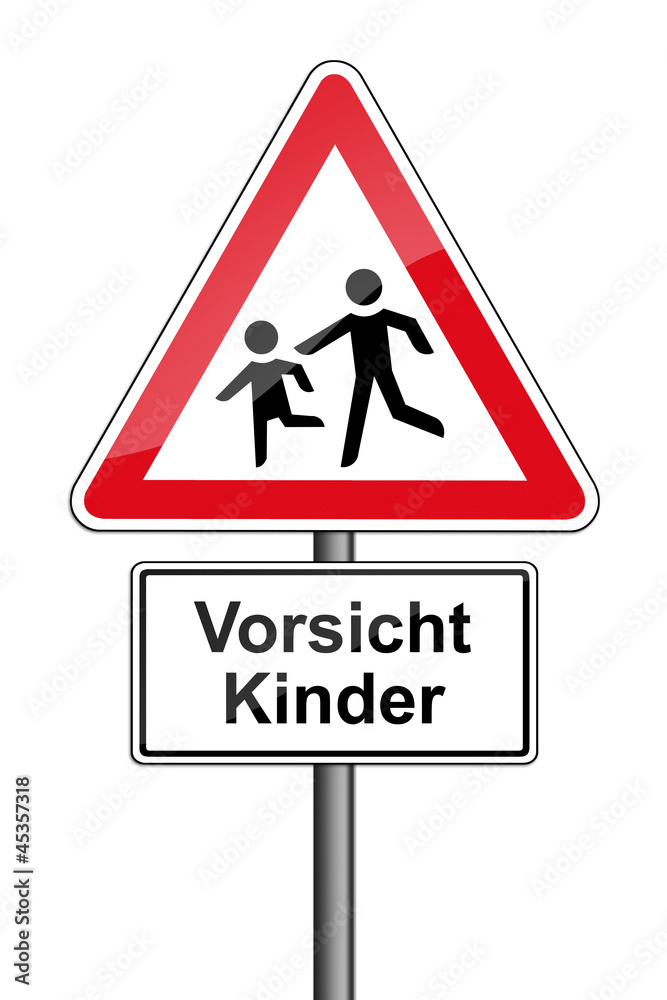 Warnschild RAL 3001 signalrot freigestellt - Vorsicht Kinder Warnschild RAL 3001 signalrot freigestellt - Vorsicht Kinder