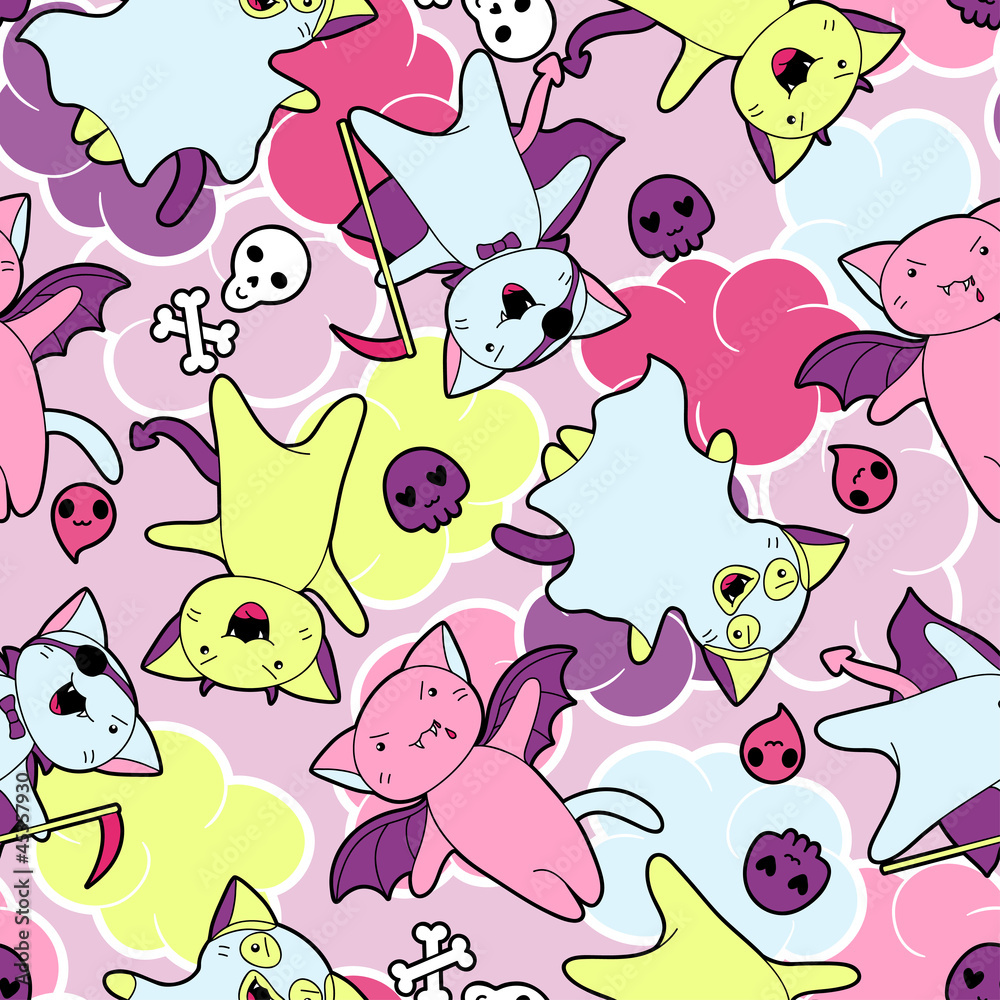 Vector kawaii pattern of Halloween cats and creatures. Vector kawaii pattern of Halloween cats and creatures.