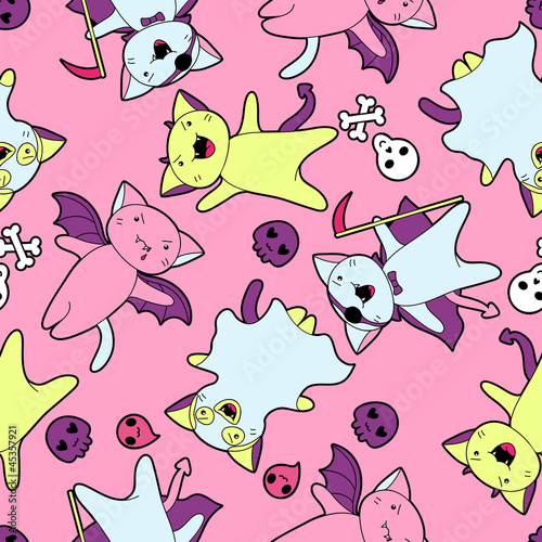 Vector kawaii pattern of Halloween cats and creatures.