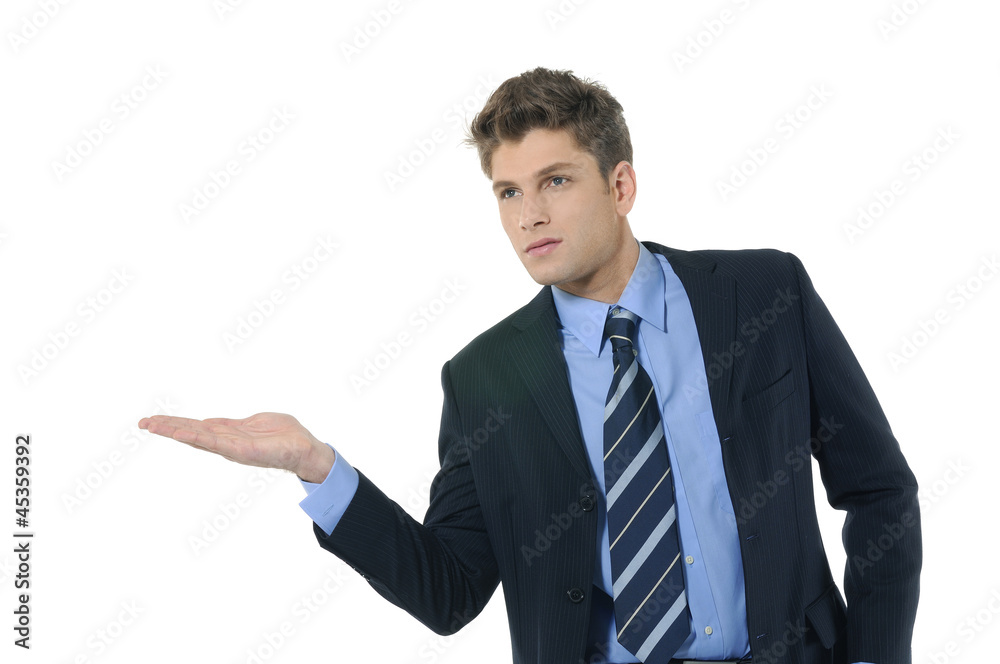 businessman showing something on the open palm, businessman showing something on the open palm,