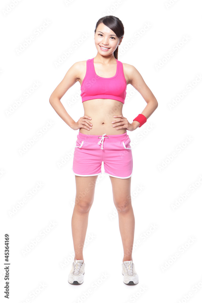 Fitness woman smile put hands on waist Fitness woman smile put hands on waist