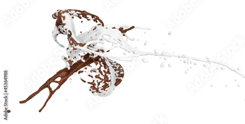 collision of splashing milk and chocolate - isolated on white