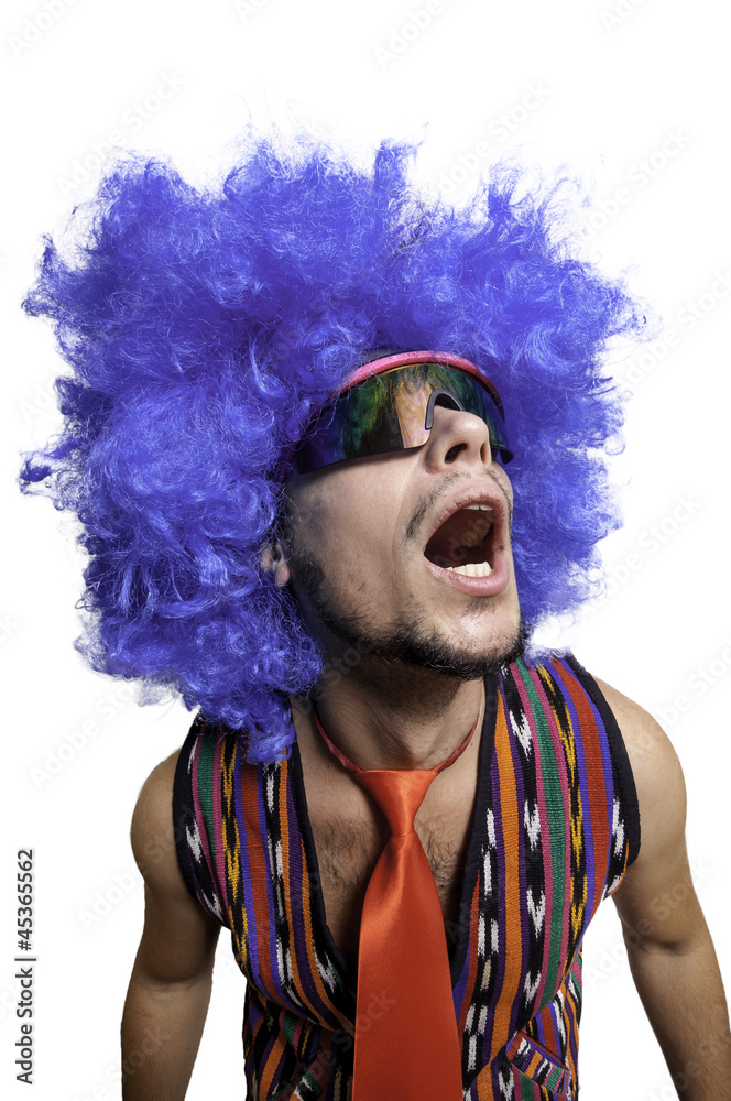 crazy guy with sunglasses and blue wig