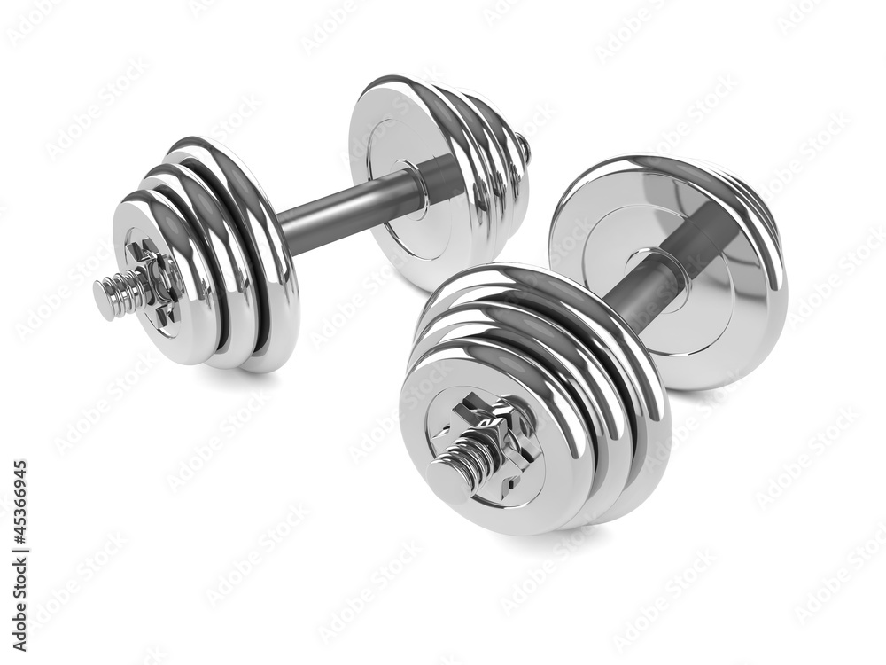 3d Two Chrome dumbell weights angled 3d Two Chrome dumbell weights angled