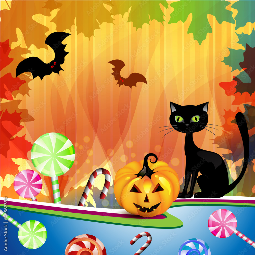 Halloween card with pumpkin, candies, cat , illustration