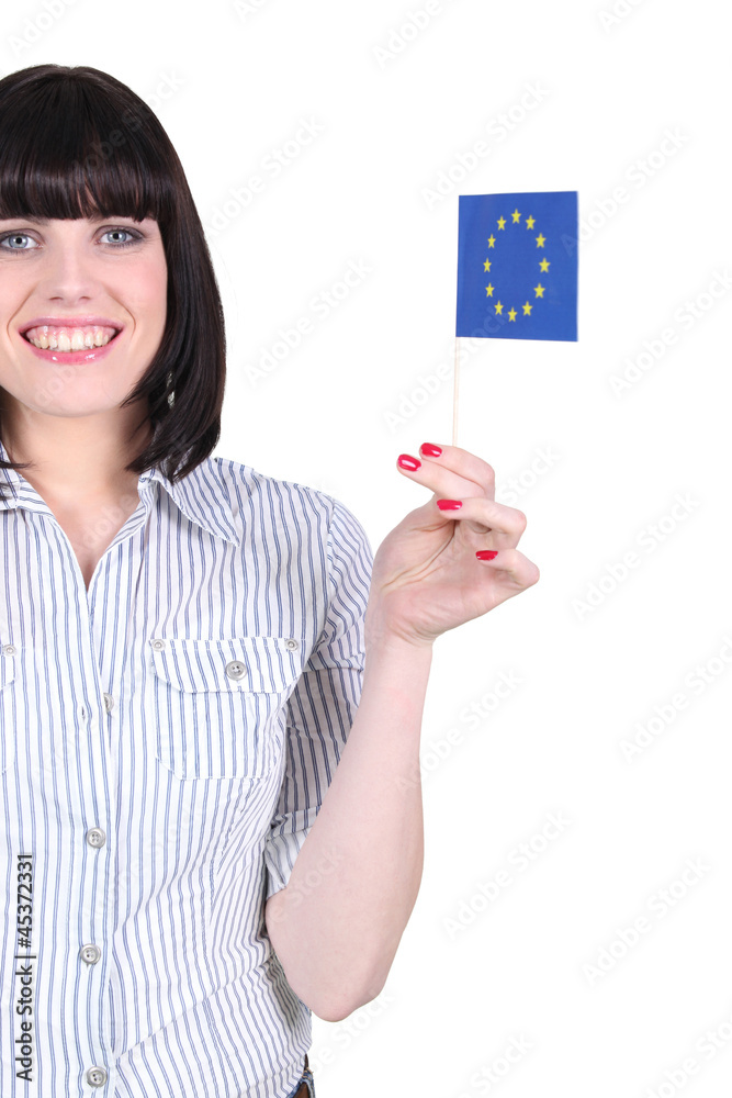 Cheerful woman holding European flag