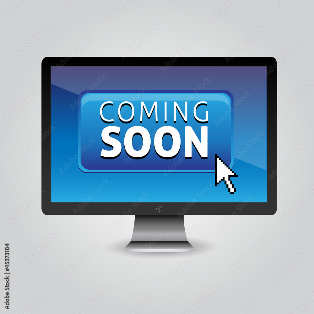 Blue coming soon button with mouse cursor on pc screen Blue coming soon button with mouse cursor on pc screen