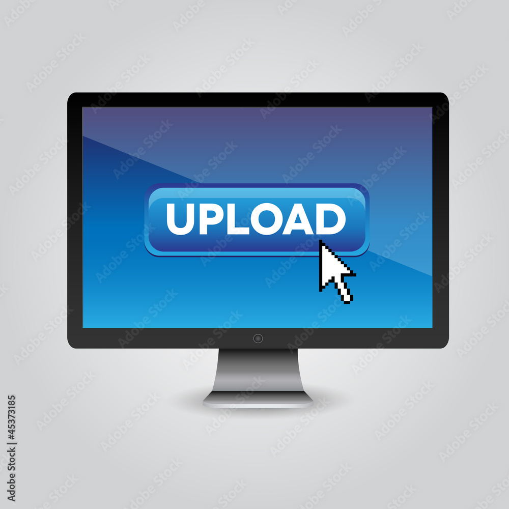 Blue upload button with mouse cursor on pc screen Blue upload button with mouse cursor on pc screen
