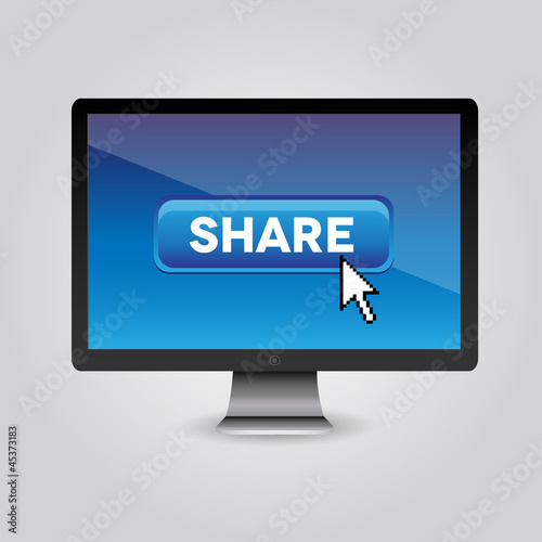 Blue share button with mouse cursor on pc screen