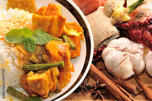 vegetarian curry rice with ingredients as bagkground