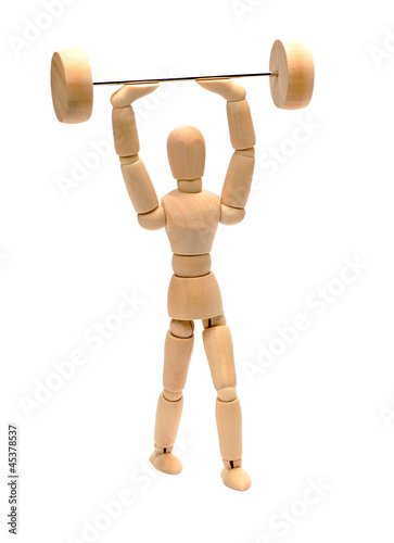 wooden doll doing weight lifting