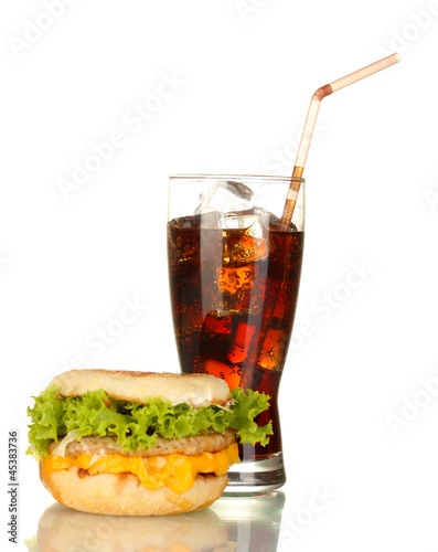 tasty sandwich and glass with cola  isolated on white