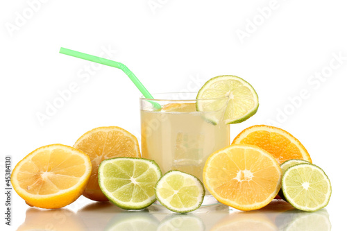 Citrus lemonade in glass of citrus around isolated on white