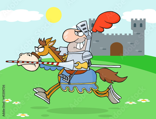 Knight Riding Horse In The background Of Medieval Castle © HitToon.com