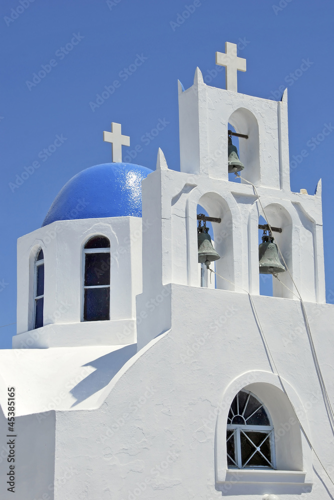 Santorini, Greece, typical blue dome church in Fira