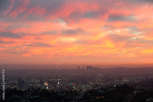 Aerial view of Los Angeles and Santa Monica at dusk