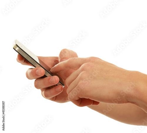 Mobile phone With hand, isolated on white background