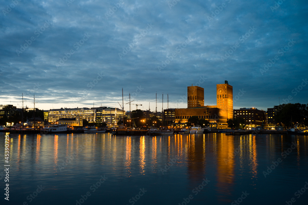 Oslo Harbour with the City hall in twilight