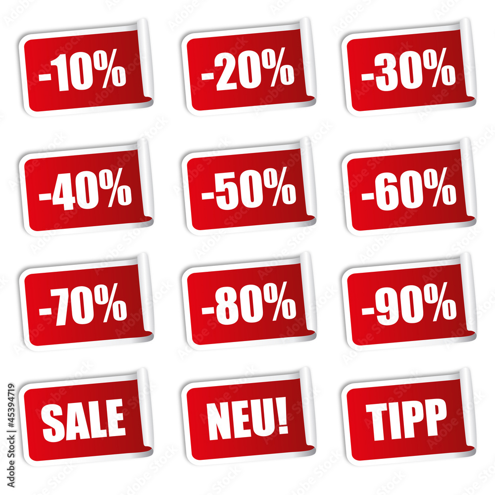 Rabatt Sticker Eingerollt 10 bis 90 Prozent (Rot) Rabatt Sticker Eingerollt 10 bis 90 Prozent (Rot)
