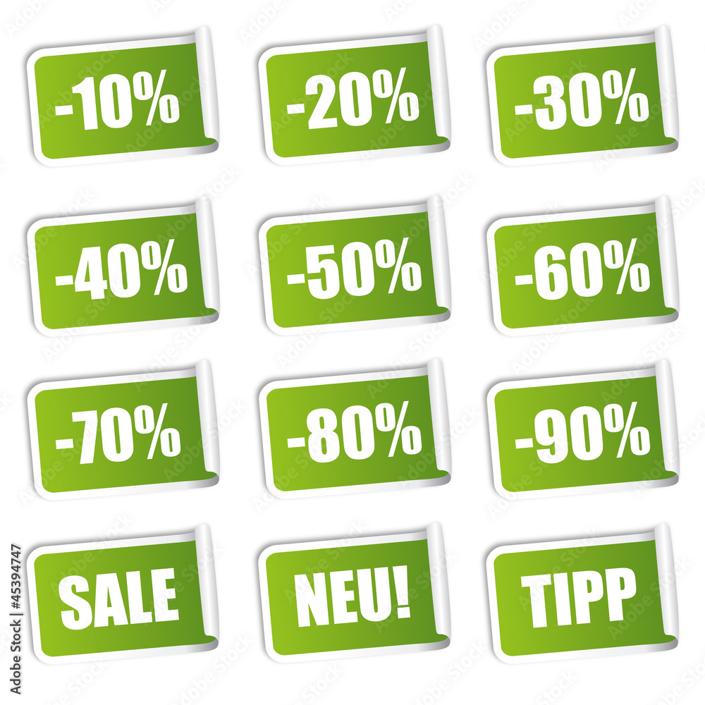 Rabatt Sticker Eingerollt 10 bis 90 Prozent (Grün) Rabatt Sticker Eingerollt 10 bis 90 Prozent (Grün)