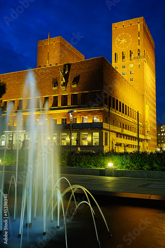 Oslo City Hall with fountain in twilight