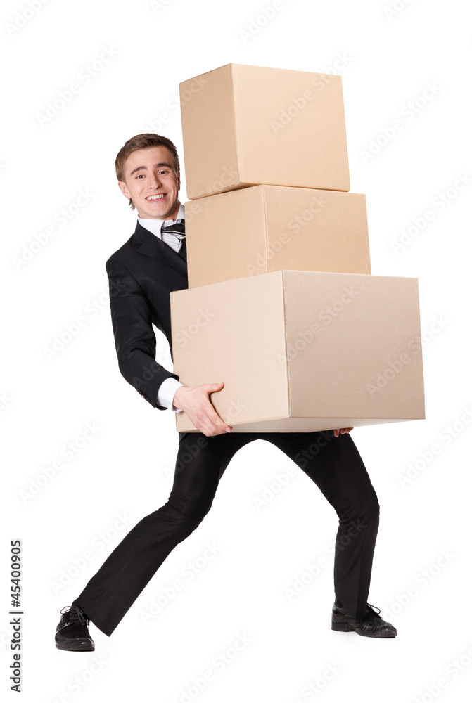 Manager handing pile of boxes, isolated on white Manager handing pile of boxes, isolated on white